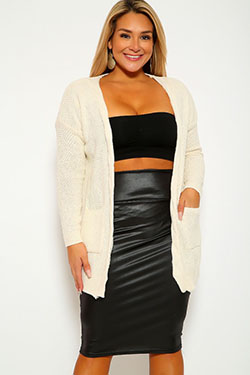 Sexy Beige Plus Size Long Sleeves Knitted Cardigan Outfit: 