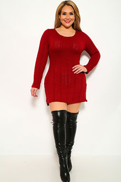 Wine Knitted Plus Size Sweater Outfit: 