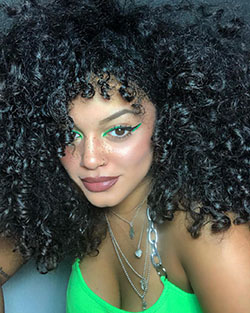 Sina Iuna Black Hairstyle Ideas, Haircuts, cute and sexy Hairstyle: Jheri Curl,  Black hair,  Jeans Outfit,  Turquoise Undergarment  