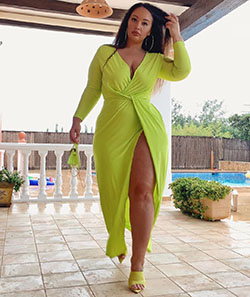 Yellow and green dress, photoshoot poses, smooth legs: 