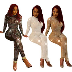 Women's Sexy Night Club Jumpsuits Mesh Rhinestone Rompers Slim Bodycon: 