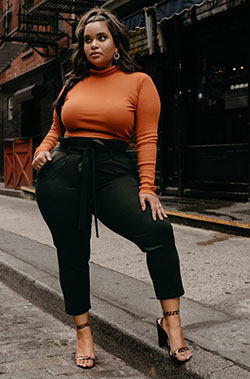 Brown and black colour outfit with trousers, crop top, jeans: Crop top,  Polo neck,  Plus size outfit,  Denise Mercedes,  Brown And Black Outfit  