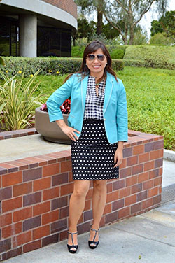 Turquoise and blue outfit ideas with miniskirt, polka dot, tartan: Street Style,  Skirt Outfits,  Turquoise And Blue Outfit  