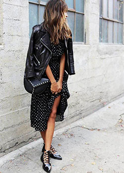Black trendy clothing ideas with leather dress, leather jacket, street fashion: Leather jacket,  Street Style,  Black Leather Jacket  