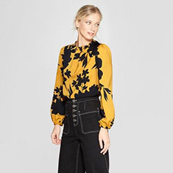 Ladies black and yellow floral blouse: Sleeveless shirt,  fashion model,  yellow outfit,  Floral Top Outfits  