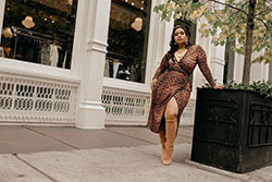 Brown colour dress with wrap dress: fashion model,  Maxi dress,  Street Style,  Plus size outfit,  Denise Mercedes,  Brown Outfit  
