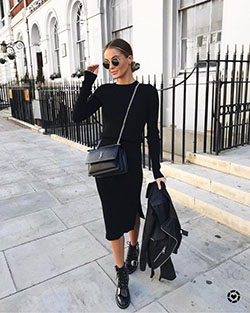 Black trendy clothing ideas with leather little black dress, dress shoe, boot: Combat boot,  Street Style,  Little Black Dress,  Black And White  