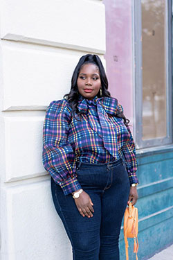 Blue colour outfit with blouse, tartan, denim: Plus size outfit,  Blue Outfit  