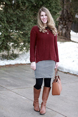 Houndstooth skirt with brown boots: Brown Boots,  Street Style,  Skirt Outfits,  Maroon And White Outfit  