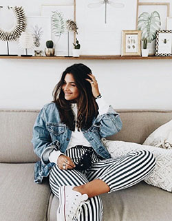 Black and white striped pants outfit ideas: Denim Outfits,  Jean jacket,  fashion blogger,  White Outfit,  Street Style  
