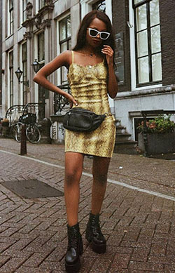 Yellow lookbook dress with dress eyewear, shoe: Street Style  