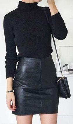 Colour dress leather skirt outfit, leather skirt, pencil skirt, polo neck: Polo neck,  Pencil skirt,  Leather skirt,  Black Outfit,  Mini Skirt Outfit  