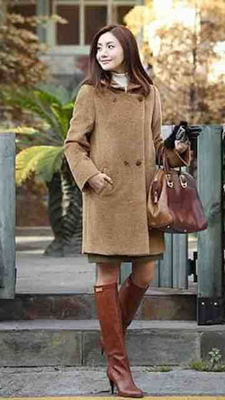 Brown clothing with overcoat, skirt, coat: Boot Outfits,  fashion model,  Wellington boot,  Street Style,  Knee High Boot,  Brown Outfit,  Brown Boots Outfits  