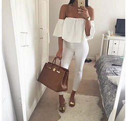 White colour combination with trousers, crop top, blouse: Crop top,  White Outfit,  We Heart It  