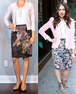 Printed Pencil Skirt, Street Fashion, Chic look in Pink Skirt with Pink Blazer: Pencil skirt,  Street Style,  Skirt Outfits  