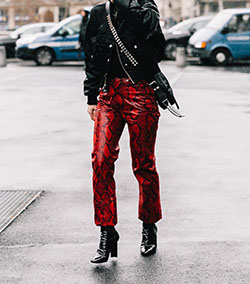 Red attire with leather jacket, leather, tartan: Leather jacket,  Fashion week,  Street Style,  Paris Fashion Week,  Red Outfit,  Leather Pant Outfits  