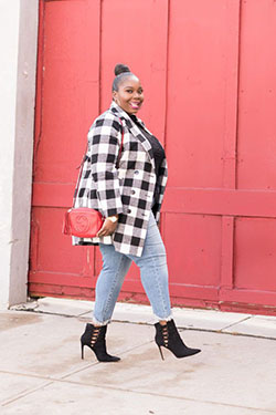 Red outfit ideas with tartan, denim, jeans: Street Style,  Plus size outfit,  Red Outfit  