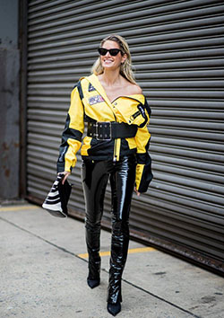 Wear patent leather pants, patent leather, street fashion, crop top: Crop top,  Street Style,  yellow outfit,  Leather Pant Outfits  