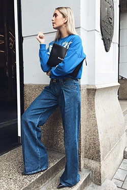 Electric blue and cobalt blue outfit instagram with trousers, jacket, denim: Cobalt blue,  Palazzo pants,  Electric blue,  Street Style,  Comfy Outfit Ideas  