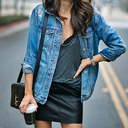 Falda de cuero cazadora vaquera: Jean jacket,  Street Style,  Leather Skirt Outfit,  Blue Outfit  