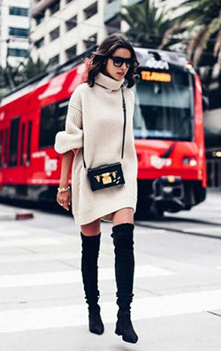 Style outfit look cuissardes robe thigh high boots, street fashion: shirts,  Boot Outfits,  Street Style  