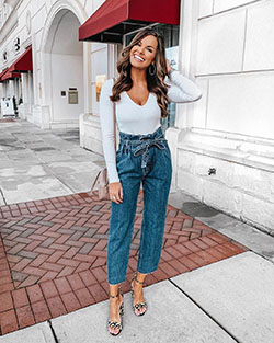 Pantalón paper bag outfit: Denim Pants,  Street Style,  Blue Outfit,  Pant Outfits  