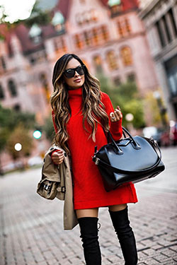 Red lookbook dress with sweater, coat: winter outfits,  Boot Outfits,  Street Style,  Red Outfit,  Turtleneck Sweater Outfits  