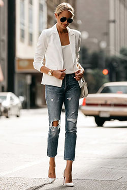 Jeans pumps white blazer high heeled shoe, street fashion: T-Shirt Outfit,  White Outfit,  Street Style,  High Heeled Shoe,  Ripped Jeans,  White Blazer,  Blazer  