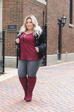 Plus size model boots plus size clothing, plus size model, knee high boot: Petite size,  Date Outfits,  Street Style,  Maroon And Pink Outfit,  Knee High Boot  