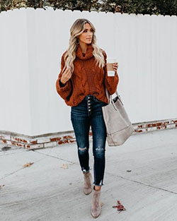 Brown clothing ideas with sweater, hoodie, denim: winter outfits,  Polo neck,  Street Style,  Ripped Jeans,  Brown Outfit  