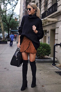 Black outfit ideas with fashion accessory, skirt: Fashion accessory,  Street Style,  Knee High Boot,  Classy Winter Dresses  