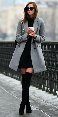 Colour outfit, you must try with overcoat, coat: winter outfits,  Boot Outfits,  Street Style,  Knee High Boot  