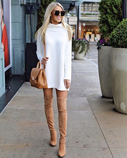 Tan over the knee boots outfit: Boot Outfits,  Street Style,  White And Pink Outfit,  Knee High Boot  