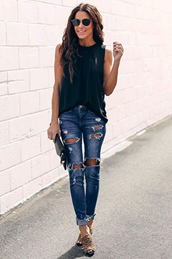 Blue colour combination with sleeveless shirt, leggings, denim: Sleeveless shirt,  Street Style,  Ripped Jeans,  Blue Outfit  