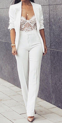 Classy White Pants Outfit With Blazer: party outfits,  White Outfit  