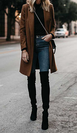 Winter Outfit Ideas With Brown Coat, Blue Jeans & Black Knee High Boots: Denim Outfits,  Polo neck,  Over-The-Knee Boot,  Casual Outfits,  Brown Denim,  Brown Jeans  