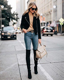 Casual thigh high boots outfit: Boot Outfits,  Street Style,  Knee High Boot  