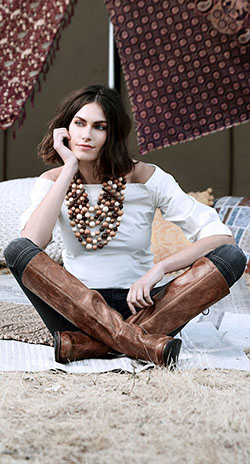 Women sitting using boots high heeled shoe, thigh high boots, knee high boot: fashion model,  High Heeled Shoe,  Knee High Boot,  Brown Outfit,  Brown Boots Outfits  