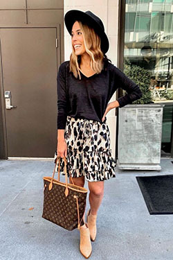 Brown and black outfit with dress polka dot, sweater, skirt: Street Style,  Black And White  