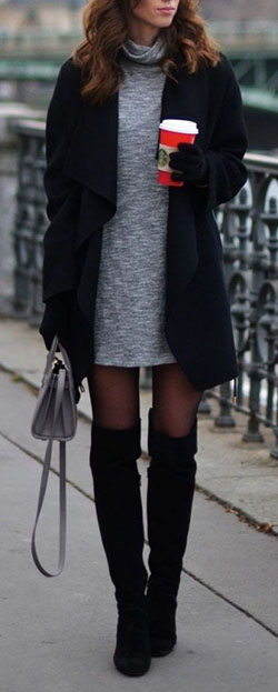 Sweater dress winter outfit, winter clothing, street fashion, casual wear: winter outfits,  Hot Girls,  Black Outfit,  Boot Outfits,  Street Style  