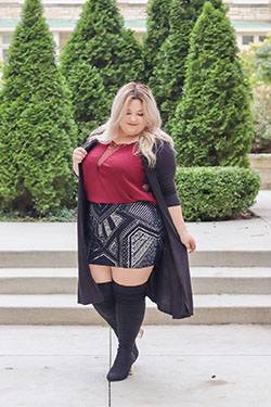 Skirt and knee high boots plus size outfit: Sleeveless shirt,  fashion blogger,  Date Outfits,  Street Style,  Knee High Boot  