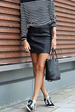 Clothing ideas leather skirt trainers, street fashion, leather skirt, casual wear, t shirt: Hot Girls,  Leather skirt,  T-Shirt Outfit,  Street Style,  White And Black Outfit,  Mini Skirt Outfit  