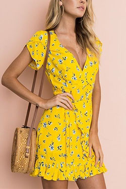 Yellow attire with cocktail dress, wrap dress, dress: Cocktail Dresses,  fashion model,  day dress  