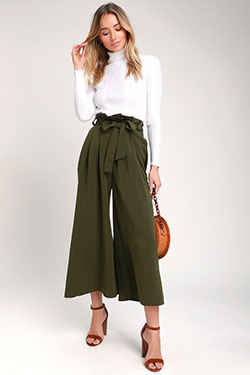 Green paper bag pants outfit: Paper bag,  fashion model,  Capri pants,  Khaki And Green Outfit,  Pant Outfits  