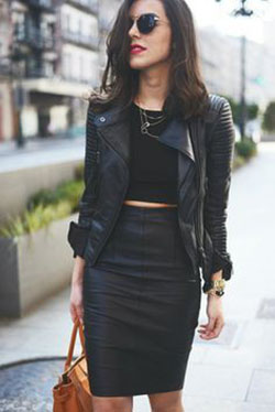 Leather skirt and jacket outfit: Leather jacket,  Pencil skirt,  Leather skirt,  T-Shirt Outfit,  Black Outfit,  Street Style,  Leather Skirt Outfit  