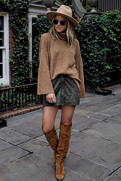 Brown colour outfit with sweater, skirt riding boot, shoe, boot: Polo neck,  Riding boot,  Street Style,  Knee High Boot  
