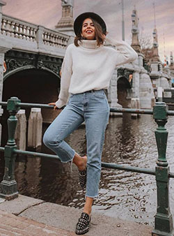 White trendy clothing ideas with mom jeans, sweater, denim: Mom jeans,  Street Style,  Levi Strauss & Co.,  Classy Winter Dresses  