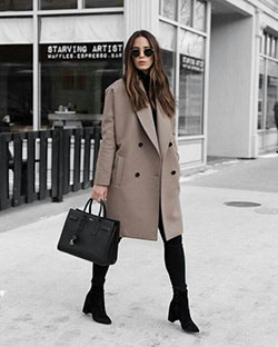 Colour ideas taupe coat style, winter clothing, street fashion, fashion boot, trench coat: winter outfits,  Boot Outfits,  Trench coat,  Street Style  