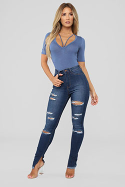 Fashion nova high rise distressed jeans: Casual Outfits,  Slim-Fit Pants,  Cobalt blue  