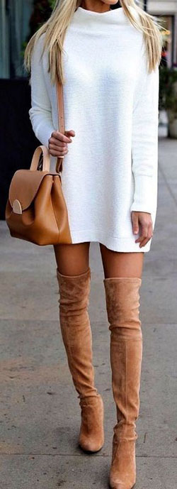 Knee high boots outfit thigh high boots, knee high boot: Hot Girls,  Knee highs,  Boot Outfits,  Street Style,  Brown And White Outfit,  Knee High Boot  